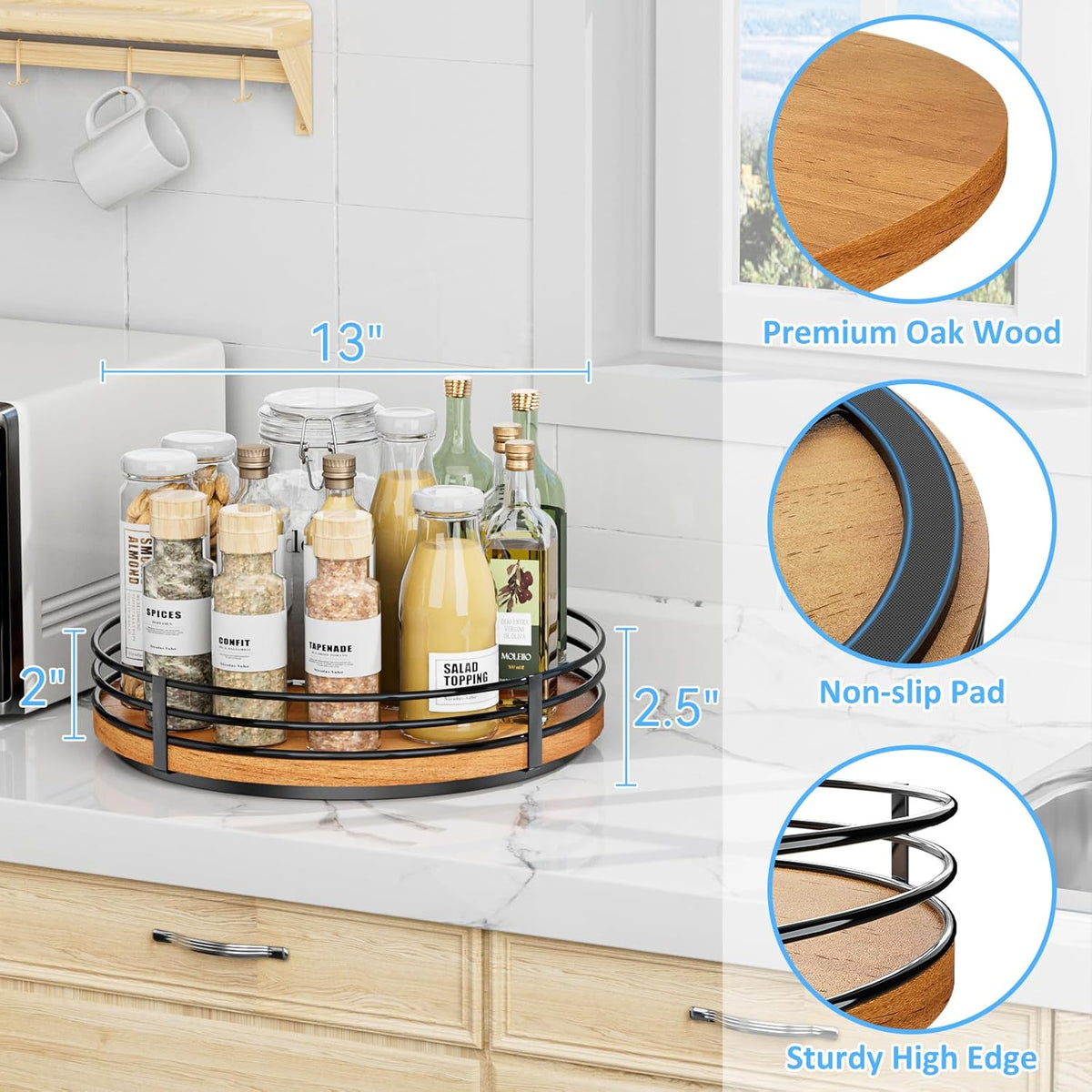 13" Lazy Susan Turntable Organizer - Wood Round Lazy Susan for Cabinet Kitchen Countertop Pantry Cupboard Dining Table Bathroom Coffee Bar Spice Storage Home Decor