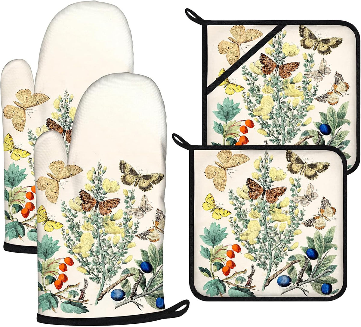 Wildflowers Butterfly Oven Mitts and Pot Holders Sets 4Pcs,Extra Long Oven Gloves Potholder for Kitchen Cooking Baking BBQ 100% Cotton Heat Resistant