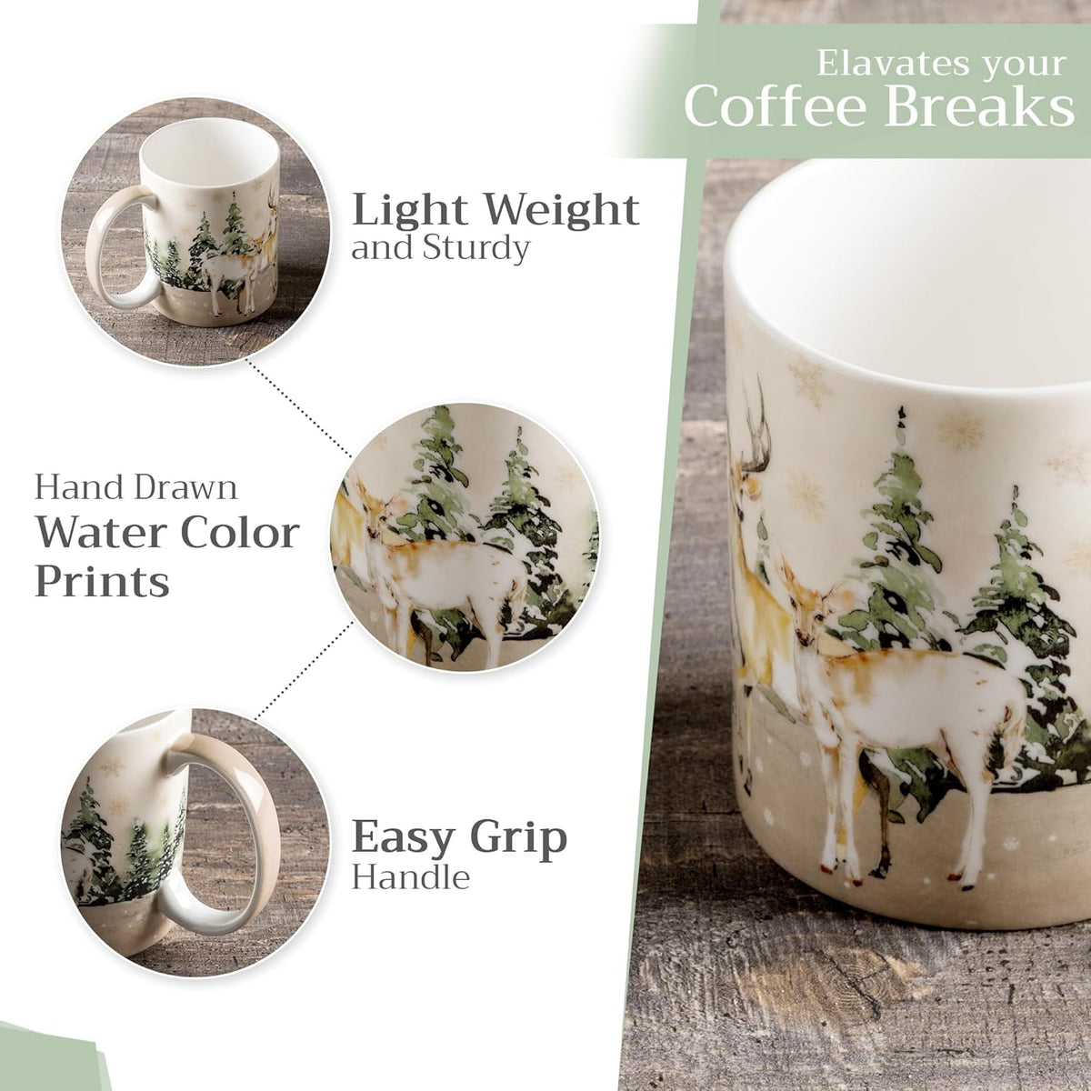 Maison d' Hermine Coffee Mug with Handles Fine Bone China Mugs Pack of One Tea Cups for Hot Beverages Cappuccino Latte Home Office Perfect for Gift (Deer In The Woods - Forest Deer, 15 Ounce)