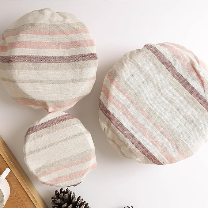 100% Linen Bowl Covers Reusable For Bread Proofing, 4 Pcs Elastic Cloth Fabric Colorful Stripe Bowl Covers, 5.9 * 7.9 * 9.8 * 11.8 Inches, Colorful 3