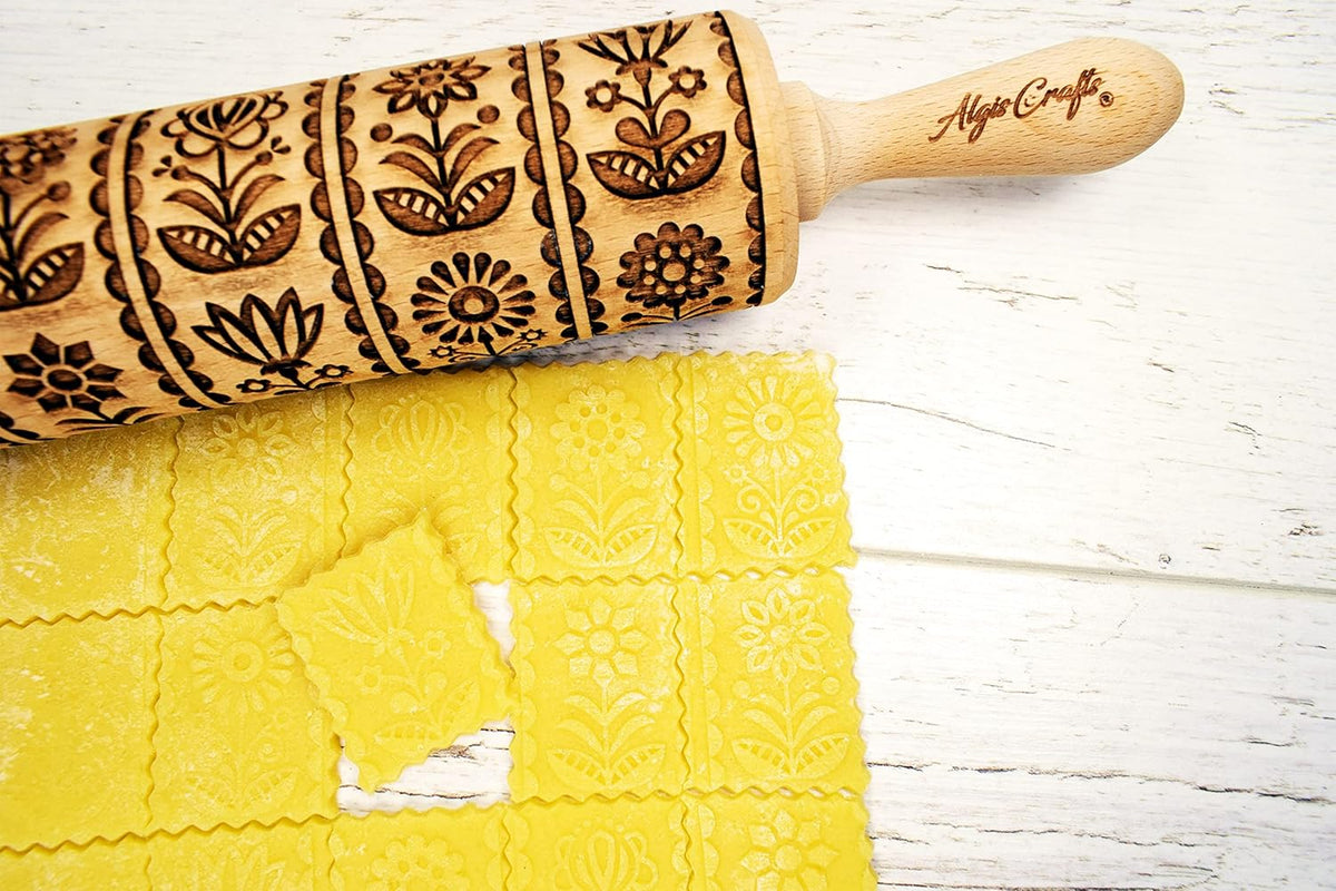 FOLKSY FLOWERS Embossing Rolling Pin. Laser Engraved Dough Roller with Folk Pattern for Embossed Cookies and Pottery by Algis Crafts