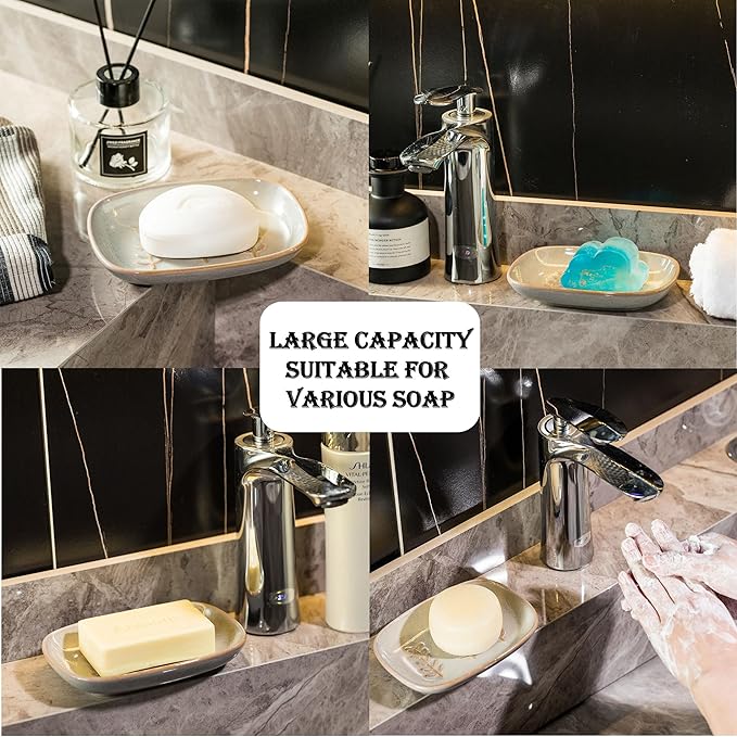 Ceramic Soap Dish Soap Holder, Soap Lift for Bar Soap Sponge, Shower Soap Dishes for Bathroom Kitchen Counter Soap Saver Tray Keep Dry, Dishwasher Safe