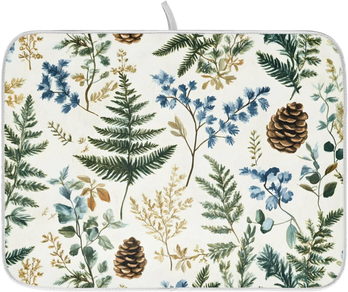 Vintage Herbs Fern Leaves Floral Plant02 Dish Drying Mat for Kitchen Counter Absorbent Microfiber Small Drying Pad Dish mats for Kitchen Countertops 16 x 18 Inch