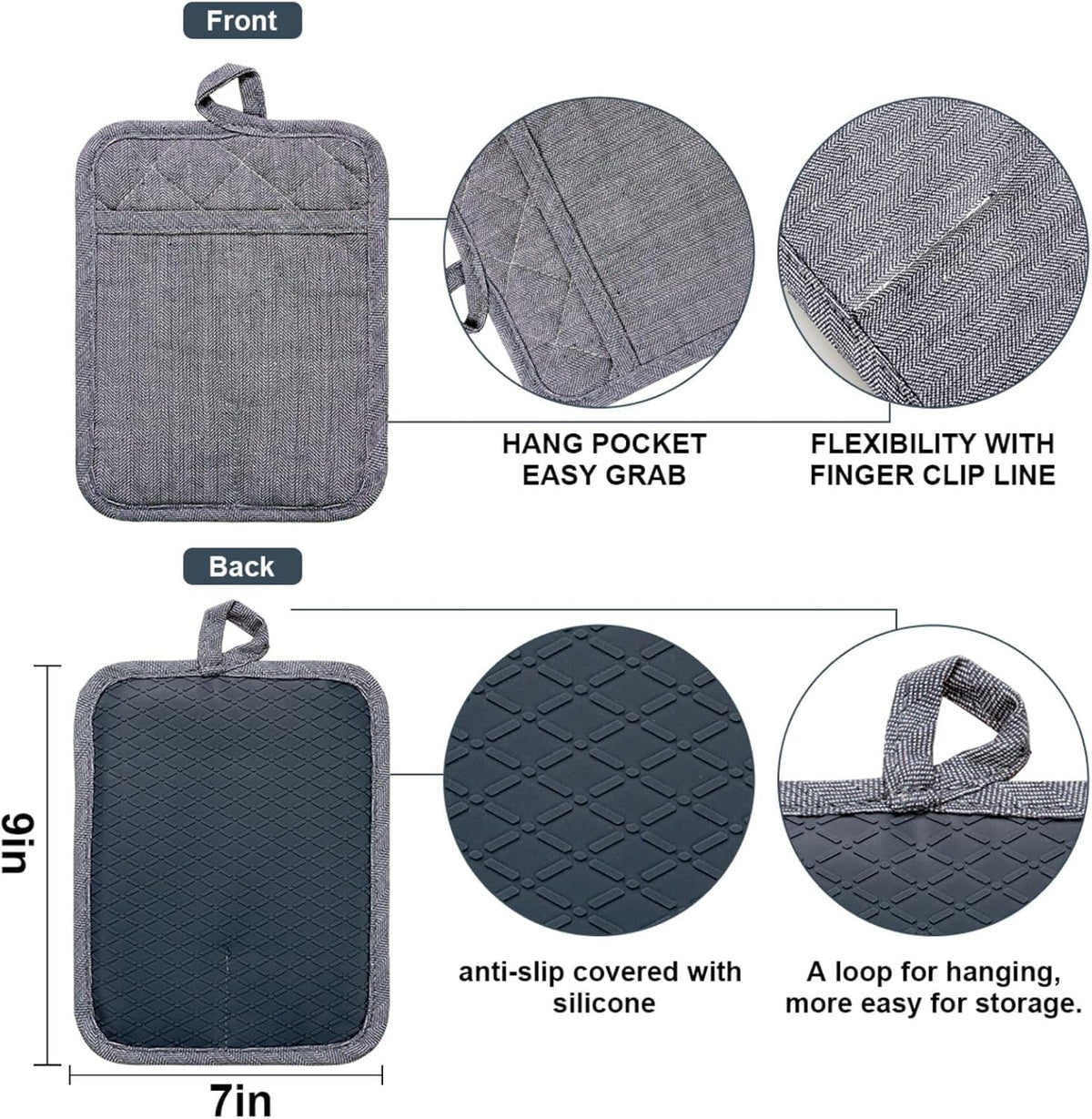 Pot Holders Yarn-Dyed Set of 3 Non Slip Silicone Kitchen Lines Heat Resistant 500℉ Kitchen Gloves BBQ Cooking Baking Women Men Cooking Barbecue Microwave Machine Washable (Gray Potholders)