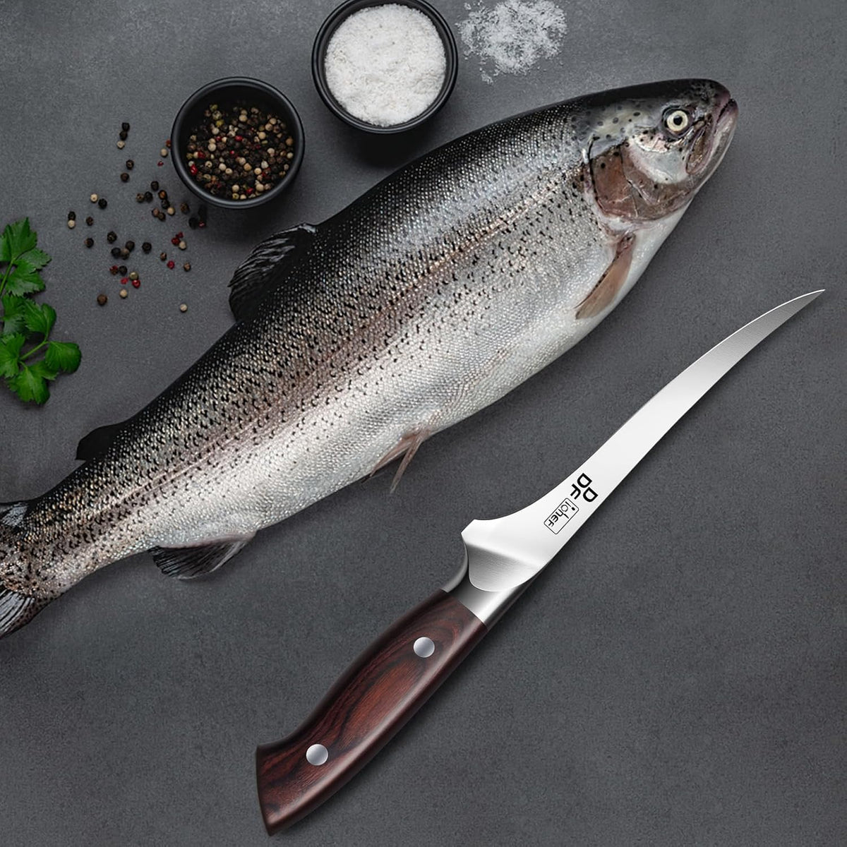 DDF iohEF Fillet Knife 7 Inch Professional Boning Knife High Carbon Japanese Stainless Steel Fish Knife with Full Tang Ergonomic Handle for Meat Cutting Trimming