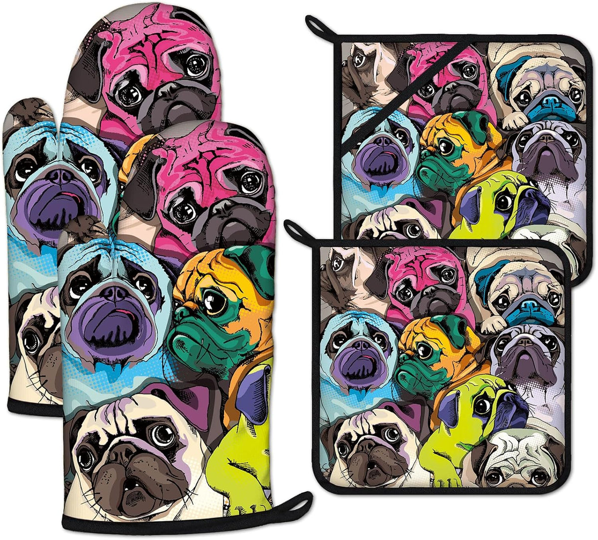Colorful Pug Dog Face Oven Mitts and Pot Holders Sets Heat Resistant 4Pcs Potholders Oven Gloves Hot Pads for Kitchen Baking Cooking Grilling BBQ