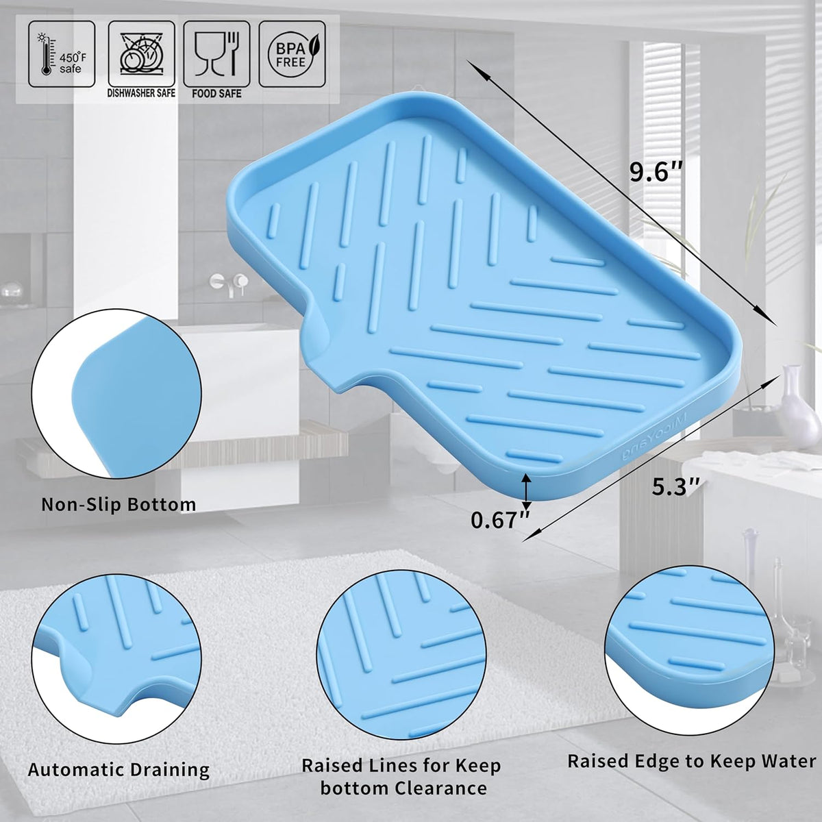 Silicone Bathroom Soap Dishes with Drain Spout-Bathroom and Kitchen Sink Organizer,Sponge Holder,Dish Soap Tray,Perfect for Dispenser,Scrubber,Bottle on Sink or Counter-Light Blue 9.6"×5.3"