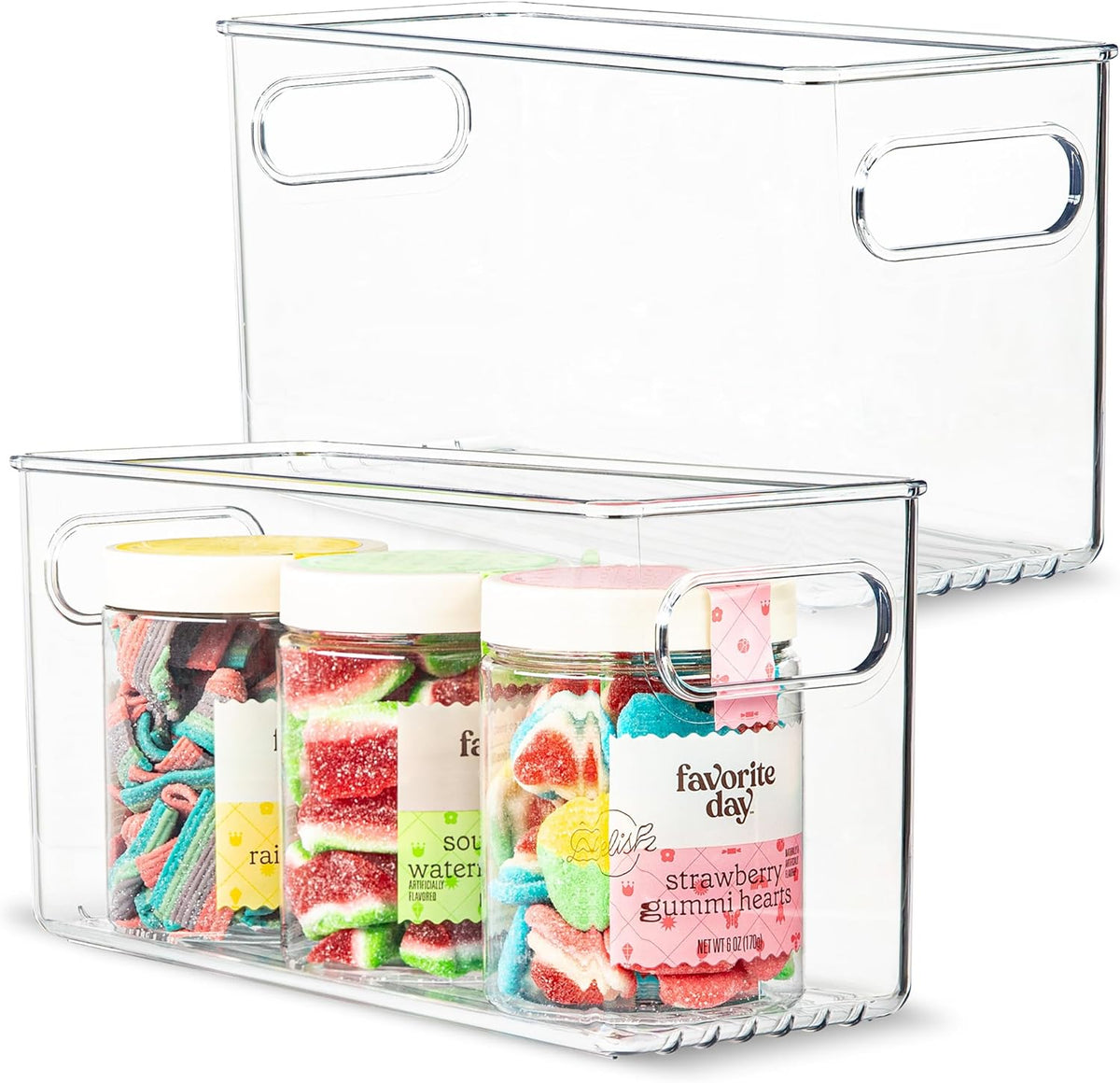 Plastic Food Storage 2 Pack Clear Container Bin with Handles for Organizing Kitchen, Pantry, Refrigerator, Freezer, Pantry, Cabinet, Closet, Bathroom. 10”x4”x5”