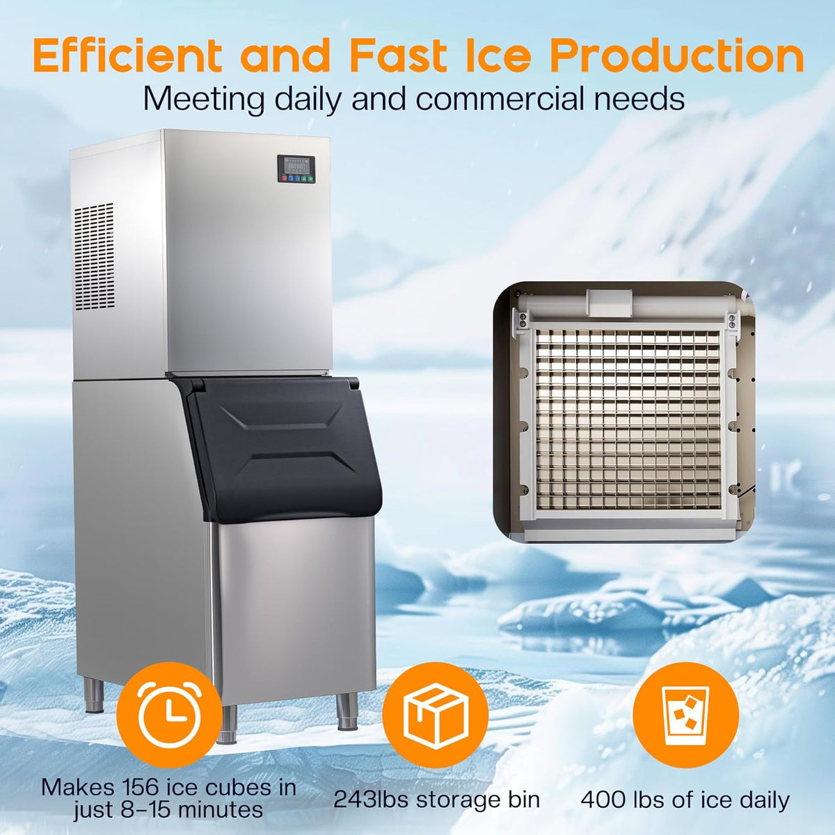 Albott Commercial Ice Maker, 400lbs/24H Stainless Steel ice Machine Countertop with 243lbs Storage Capacity, Self Cleaning for Home/Bar/Restaurant