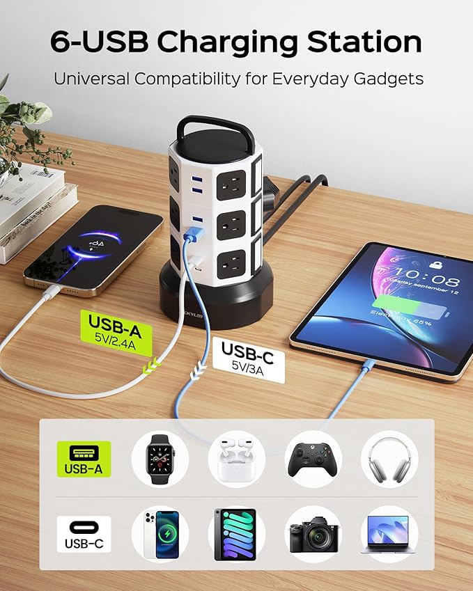 Power Strip Tower Surge Protector, JACKYLED 1625W 13A Outlet Surge Electric Tower, 12 Outlets 6 USB Ports Charging Station with 16AWG 15ft Heavy Duty Extension Cord for Home Office Dorm