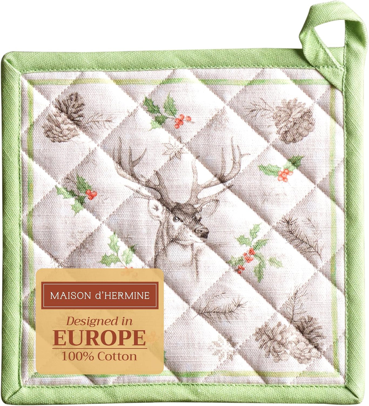 Maison d' Hermine Pot Holders 100% Cotton Heat Resistant Potholders 8" x 8" Hot Pads with Loop BBQ, Cooking, Baking, Grilling, Kitchen, Handling Hot Pans (Pack of 1, Christmas Dew)