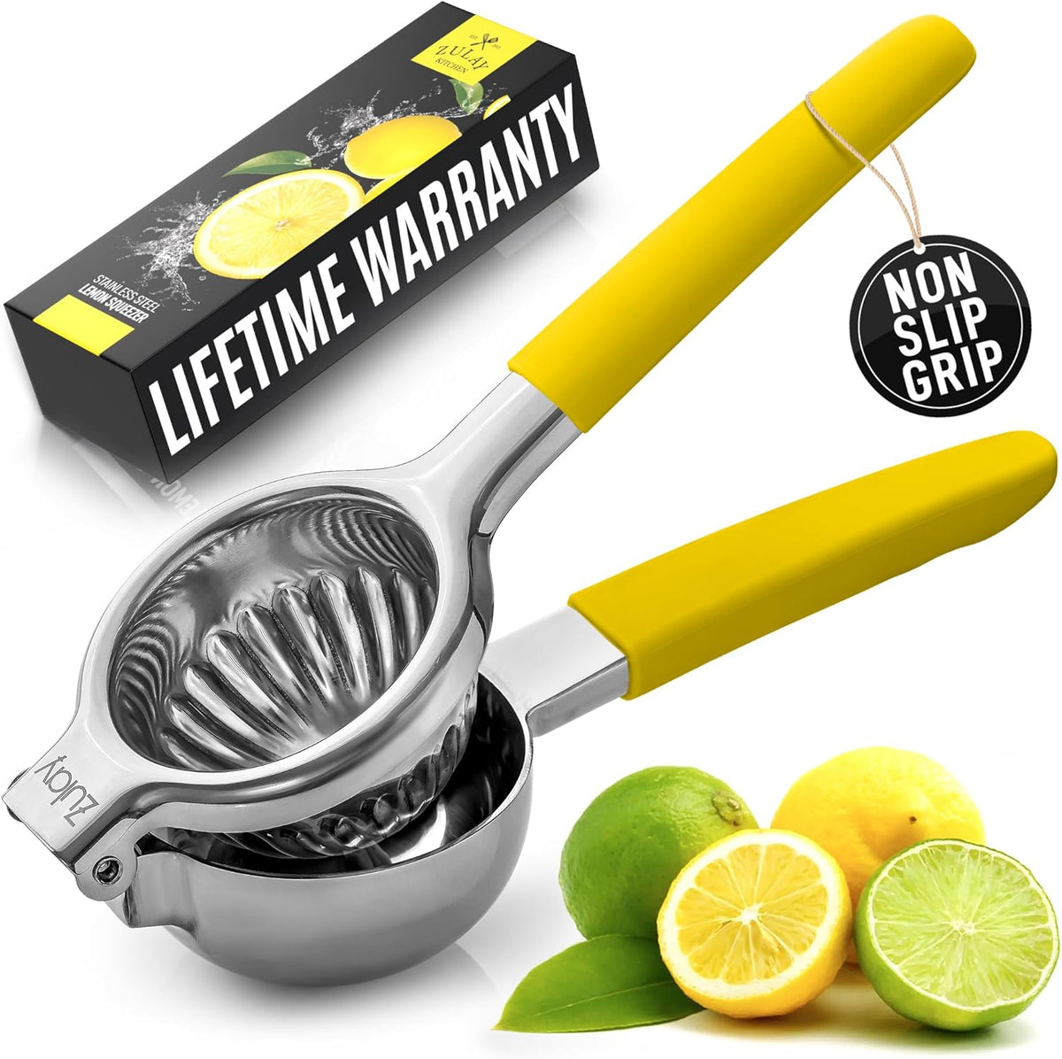 Zulay Lemon Squeezer Stainless Steel with Premium Heavy Duty Solid Metal Squeezer Bowl and Food Grade Silicone Handles - Large Manual Citrus Press Juicer and Lime Squeezer Stainless Steel (Yellow)
