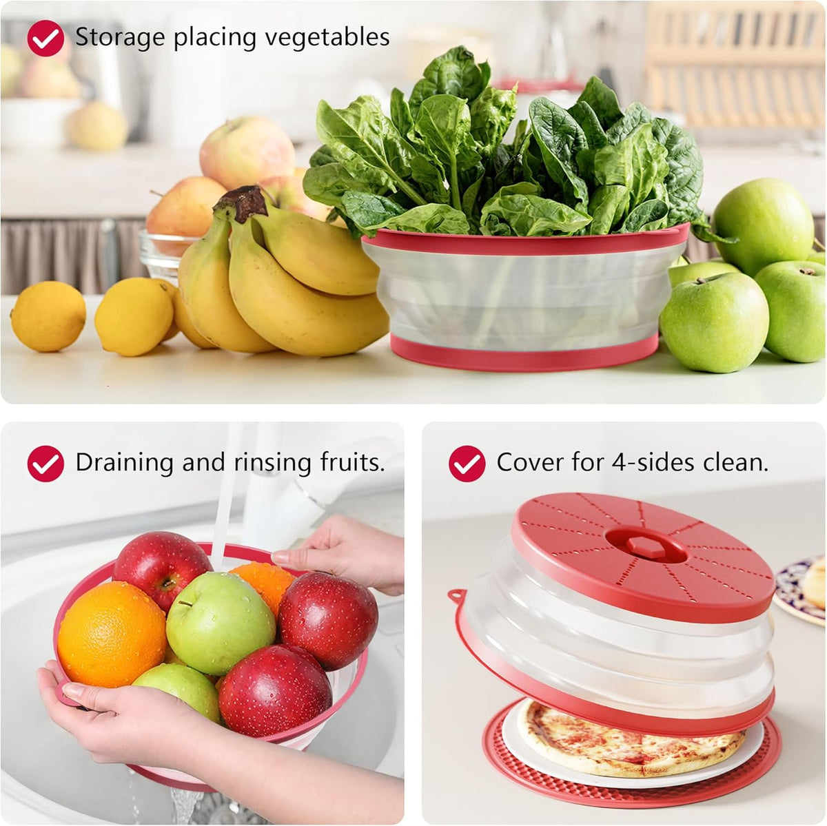 WVM Microwave Splatter Cover & Mat, Vented Collapsible Splatter Guard dish Plate lid & Silicone Round Kitchen Mat for Food, Meal Prep, Red