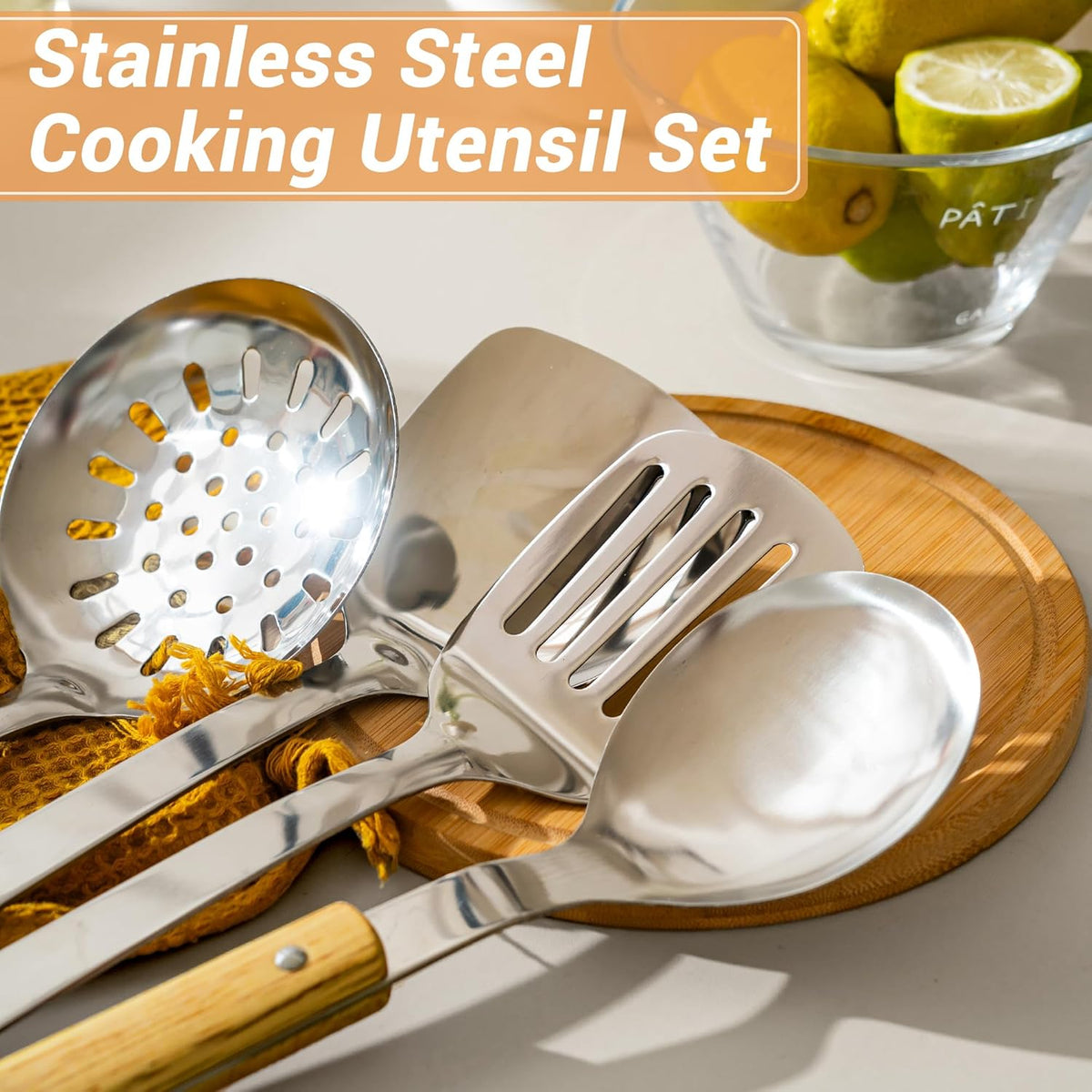 FJNATINH Wok Spatula and Ladle Skimmer Spoon - Stainless Steel Cooking Utensils Set of 3,Kitchen Wok Utensils Set