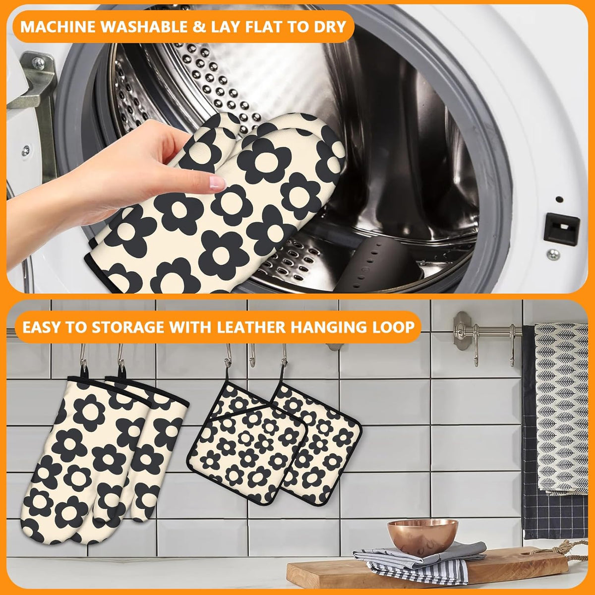 Daisy Flowers Oven Mitts and Pot Holders Sets 4Pcs,Extra Long Oven Gloves Potholder for Kitchen Cooking Baking BBQ 100% Cotton Heat Resistant