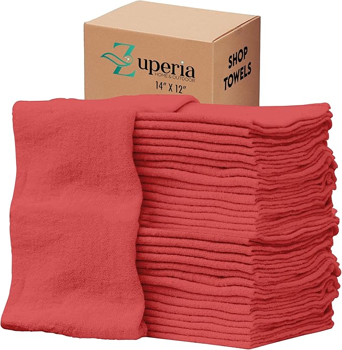 ZUPERIA Cotton Shop Towel – Multipurpose Cleaning Cloths (14" x 12" - Pack of 300 - Red) Reusable Shop Rags for Automobiles, Industrial, Restaurants, Garage, and Homes