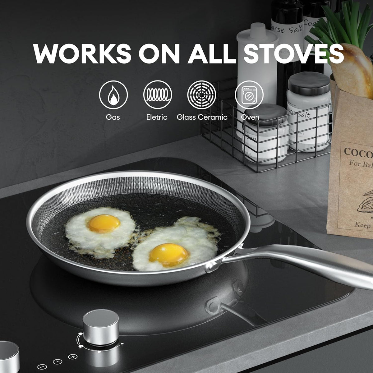 COOKING KING 12-Inch Stainless Steel Pan, Hybrid Nonstick Frying Pan, Skillet, 3-Ply Clad Cookware, Even Heat Distribution, Dishwasher & Oven Safe, with Stay-Cool Handle, Induction Compatible