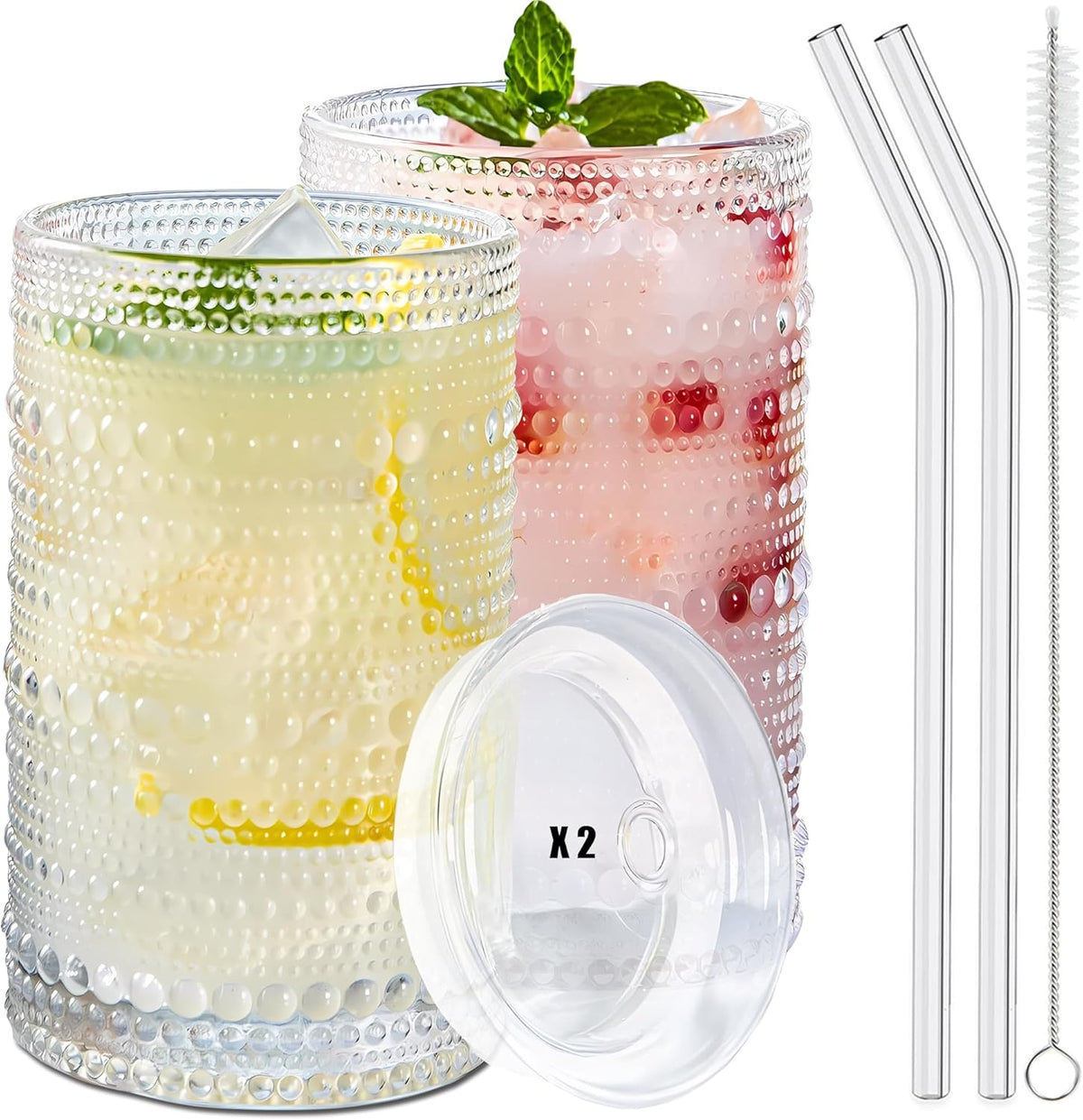 2 Pcs Iced Coffee Glasses Cups with Glass Lids and Straws,12 oz Thick Emboss Beaded Drinking Glass Cup Set,Latte Glasses,Ideal for Water,Soda,Gift - with Cleaning Brushe