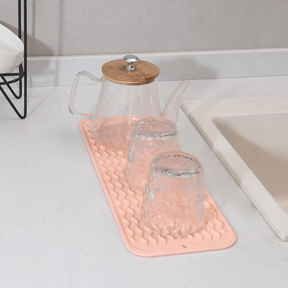 Silicone Dish Drying Mat for Multiple Usage,Easy clean,Eco-friendly,Heat-resistant Silicone Mat for Kitchen Counter,Sink,Bar,Bottle,or Cup Pink M 17 inches x 6 inches