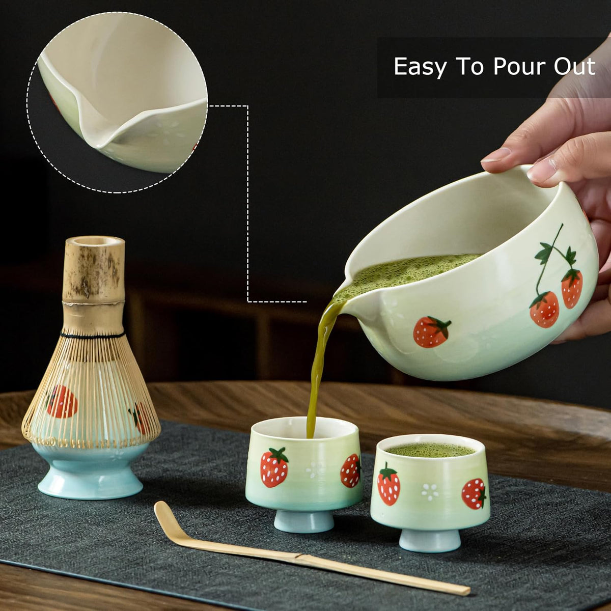 Matcha Whisk Set, Cute Strawberry Matcha Bowl Set with 2 Cups, Bamboo Whisk, Scoop & Holder, Matcha Kit Gift for Tea Lovers and Tea Ceremony, Birthday, Anniversary