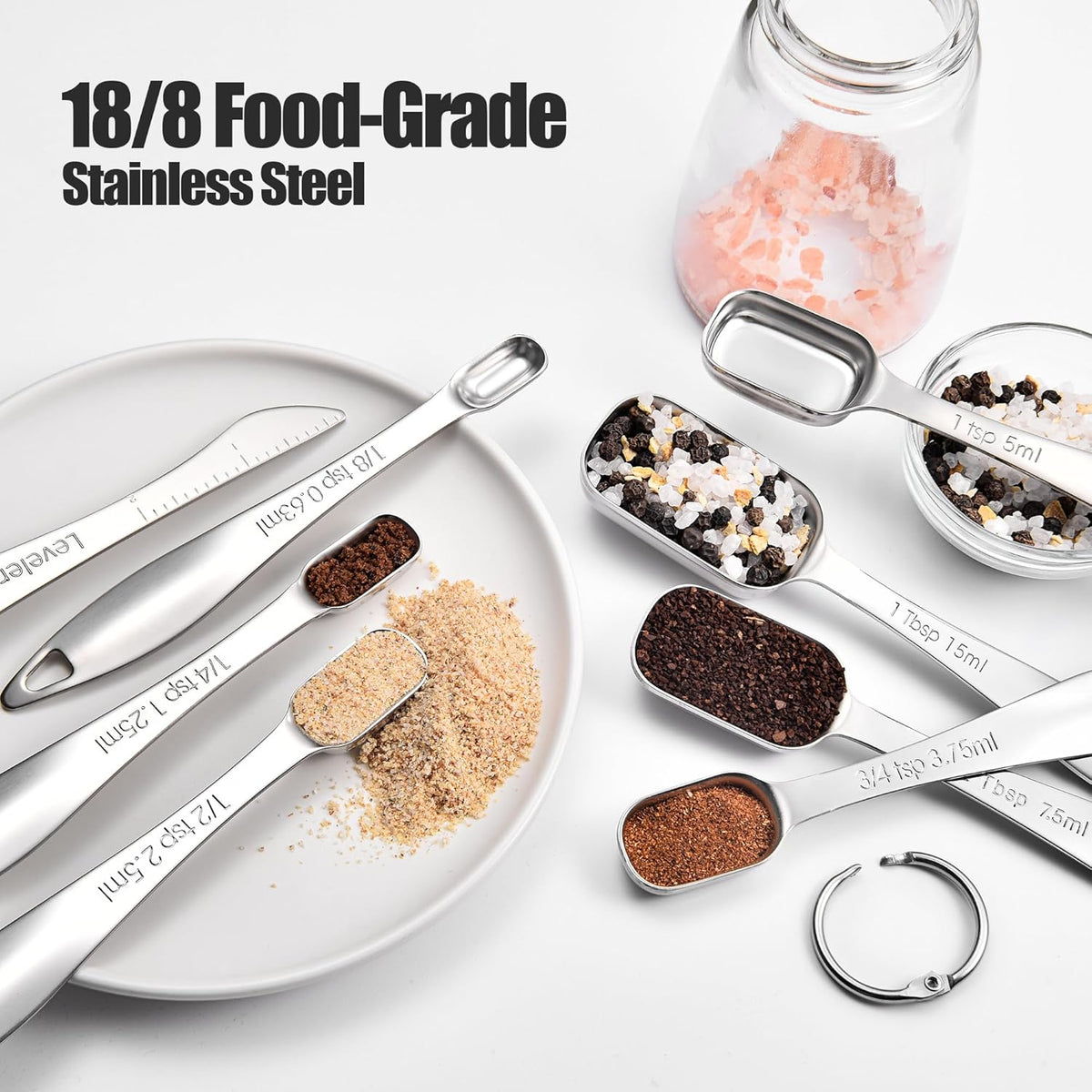 18/8 Stainless Steel Measuring Spoons: Doosu Heavy Duty Rectangular Spoon Square Teaspoon Tablespoon Scoop with Slim Long Handle in Narrow Spice Jar for Kitchen Baking Cooking (Set of 6 with Leveler)