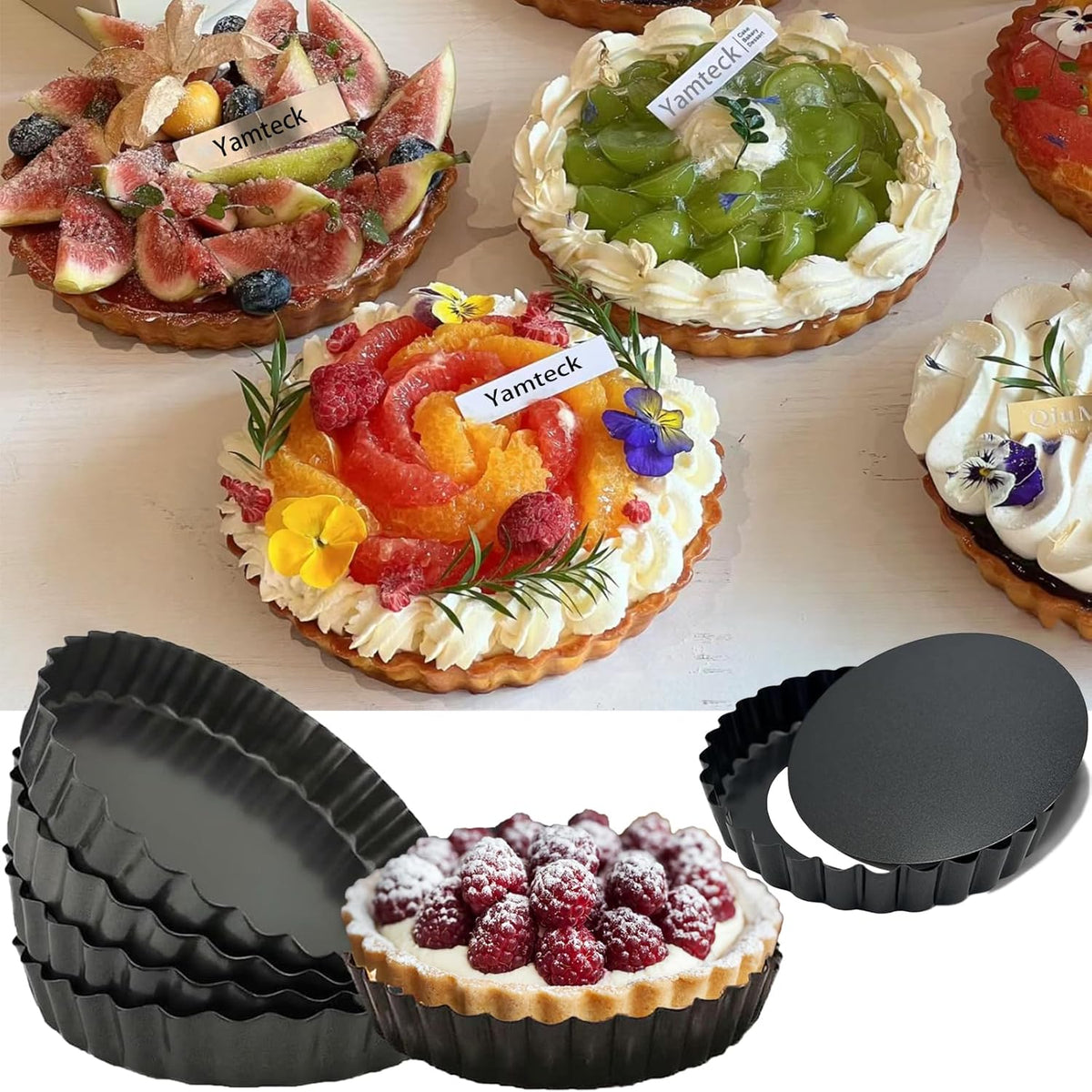 5 Inch Quiche Pans 6 Pack, Round Mini Tart Pans with Removable Bottom. Small Egg Tart Molds with Non-Stick Coating, Rugged Carbon Steel for Tart Shells Desert Making Christmas Festival Party