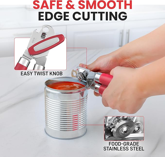 Zulay Kitchen Heavy Duty Stainless Steel Can Opener Manual with Large Bottle Opener - Manual Can Opener with Turn Knob with Soft Grip Handles - Red