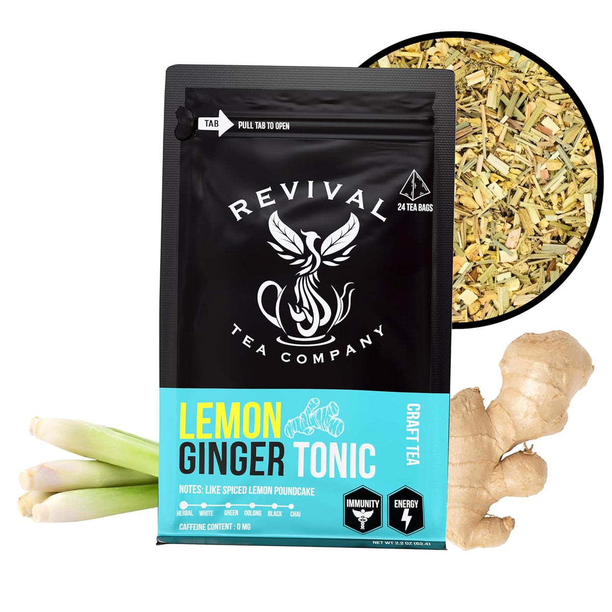 Revival Tea Company Lemon Ginger Tonic - Caffeine Free Tea Blend with Lemongrass and - Loose Leaf 5 Ounces