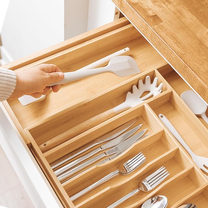 Premium Silverware, Flatware and Utensil Organizer for Kitchen Drawers, Food-Safe Contract Grade, Expandable from 14 to 25 In, Natural Bamboo