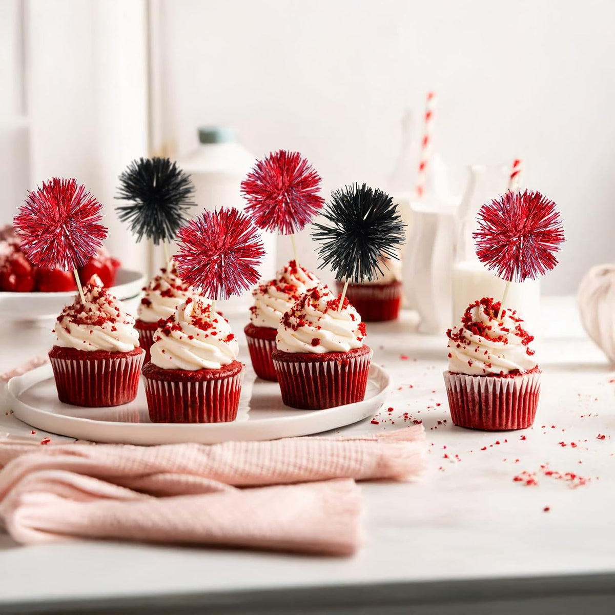 Ephlyn 30Pcs Foil Firework Cupcake Toppers Party Birthday Cake Toppers Supplies Sparkle Tinsel Cocktail Fruit Toothpick for Birthday Wedding Graduation Party Supplies Black Red