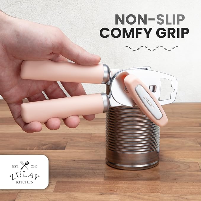 Zulay Kitchen Heavy Duty Stainless Steel Can Opener Manual with Bottle Opener - Rust Proof Manual Can Opener With Turn Knob & Comfy Soft Grip Handles - Peach