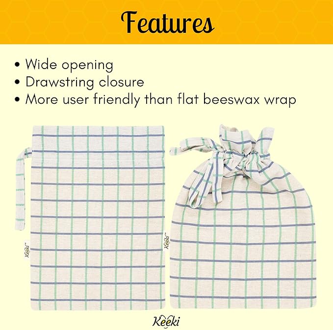 Keeki Bag - The Original Beeswax Lined Bread Bag for Homemade & Sourdough | Reusable Linen Bread Storage | Beeswax Wrap Alternative | Plastic-Free Storage w/Wide Drawstring Closure - Natural
