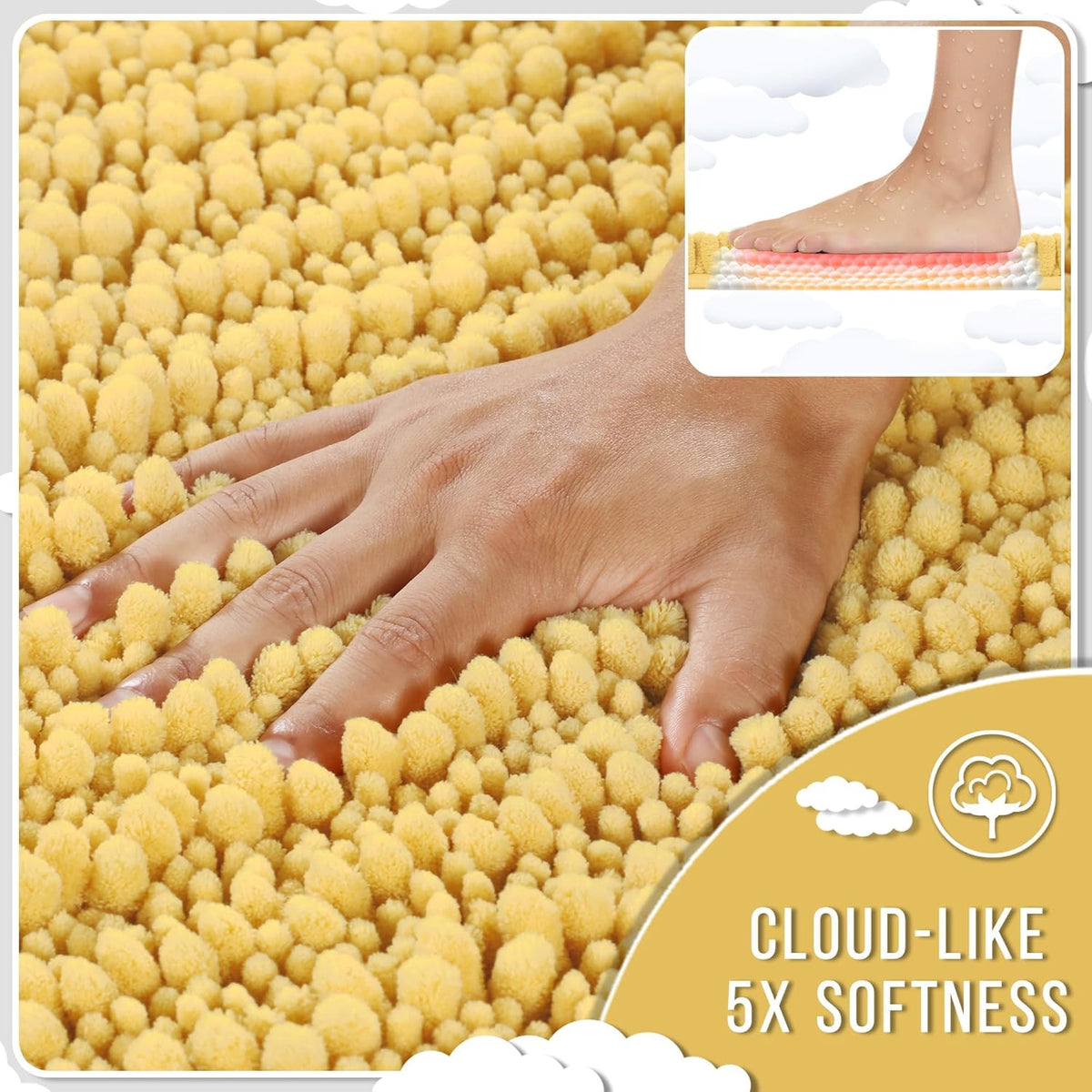 Yimobra Long Bathroom Rugs Non Slip Washable 44x24 Inch - Ultra Soft Absorbent Chenille Bath Mat, Quick Dry Shaggy Floor Carpet for Tub Shower, Yellow Home Decor Accessories