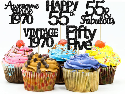 Gyufise 30 Pack Black Glitter Vintage 1970 Cupcake Toppers Glitter 55 Fabulous Happy 55 Cheers to 55 Years Birthday Cupcake Picks 55th Birthday Anniversary Cake Decorations Supplies