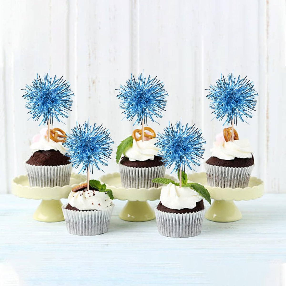 40 PCS Foil Firework Cupcake Toppers Light Blue Sparkler Cupcake Picks Sparkle Tinsel Fireworks Decorations Cocktail Fruit Toothpick for Firework Theme Birthday Wedding Graduation Party Decor Supplies