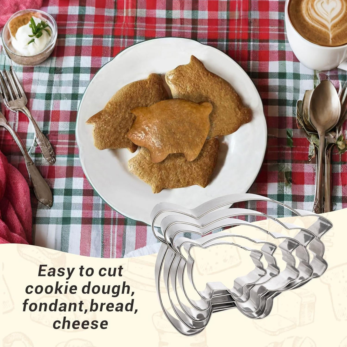 Concha Cutter Mexican bread mold with 5 sizes of pig biscuit cutting machine set, Concha Stamp double-sided mold for baking biscuits (Single sided mold+5 pigs)