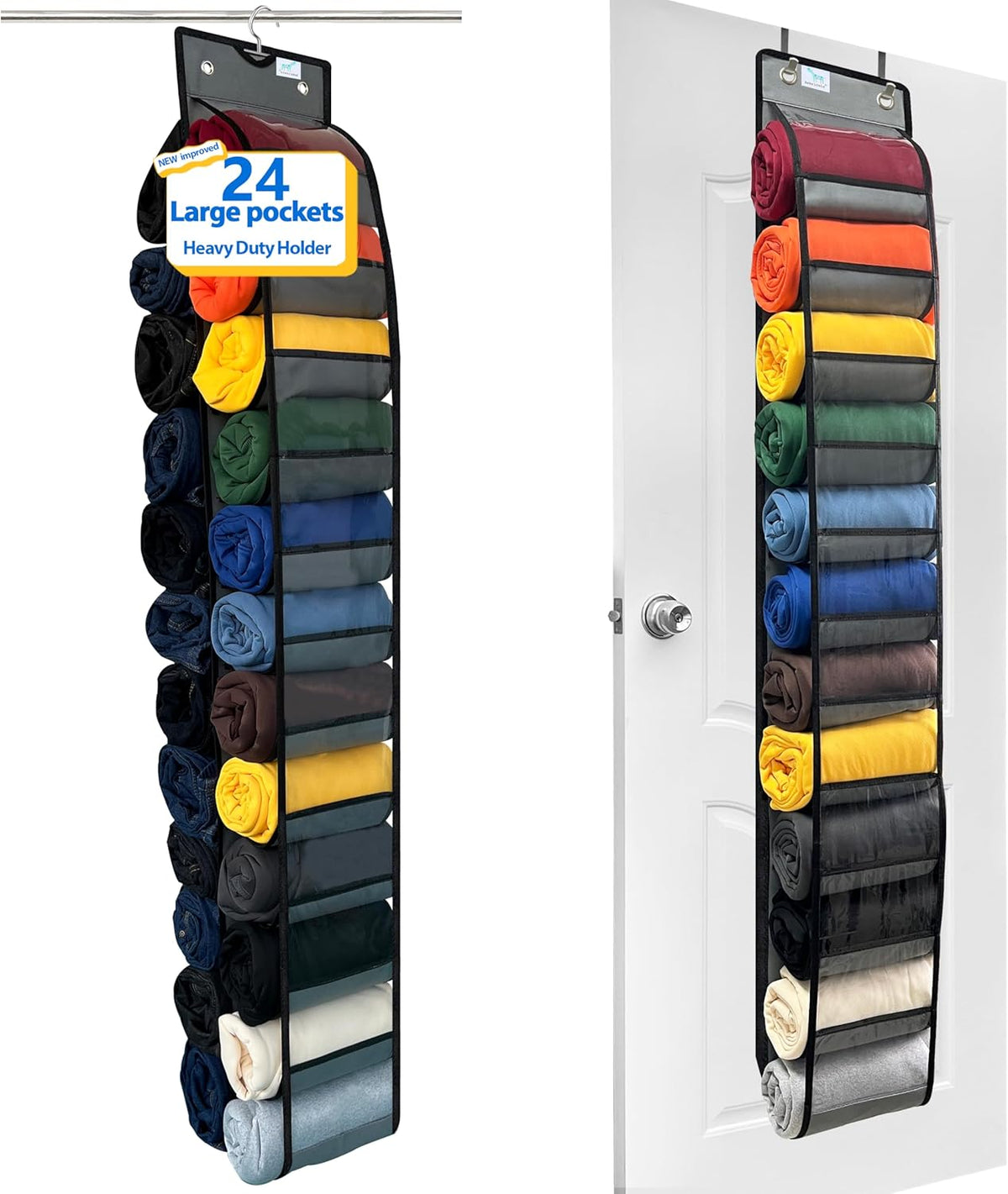 legging organizer, 24spacious pockets,closet organizers and storage,2024 NEW improved, leggings organizer for closet,Heavy Duty Hooks,legging storage,closet organizer,Grey/Black 1-pack