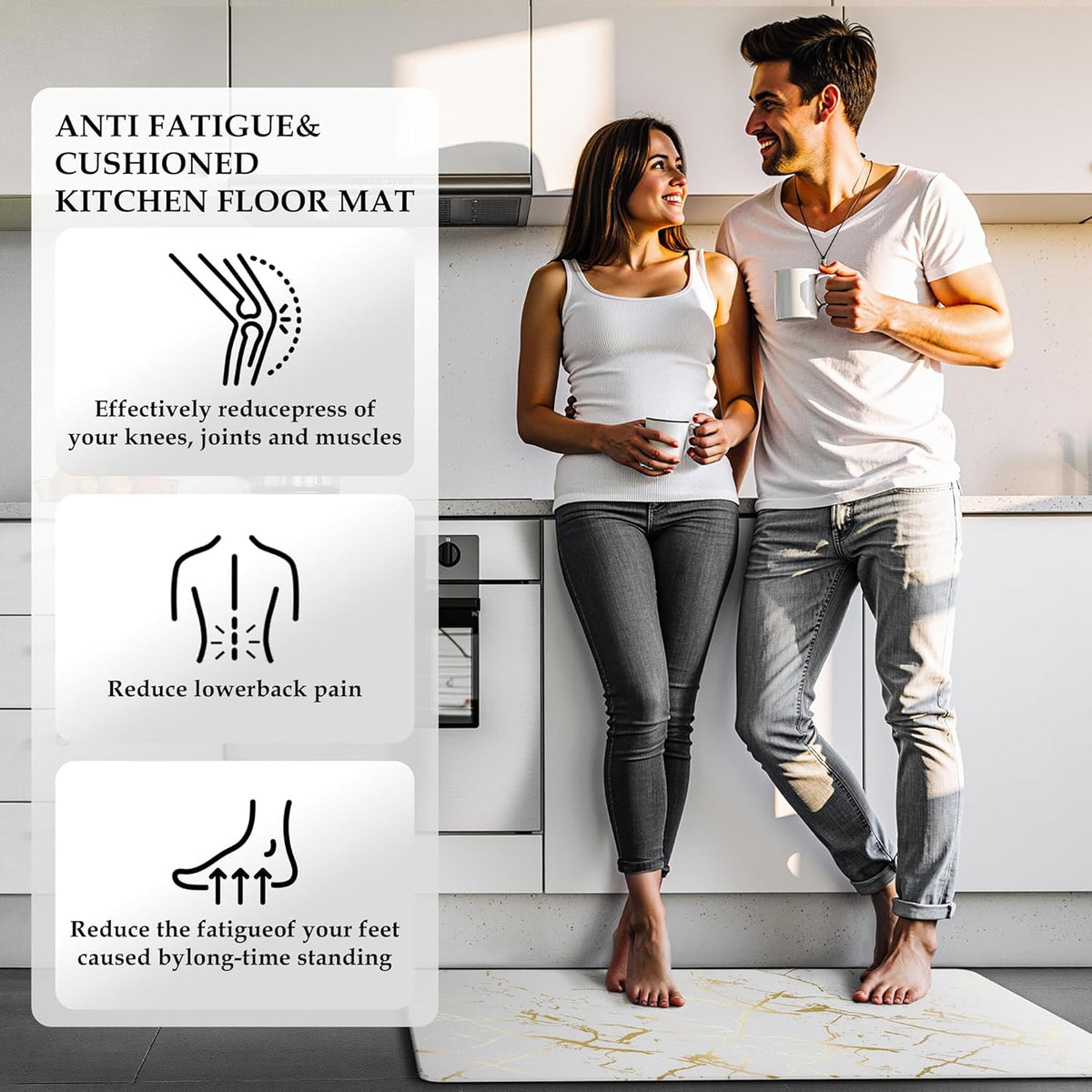 Gold Foil Stamped Marble Kitchen Mats for Floor 2PCS Cushioned Anti Fatigue Non Slip Waterproof Comfort Leather Kitchen Rugs 2/5 Inch PVC Kitchen Mats for Sink, Laundry, 17.3"x28"+17.3"x47",White