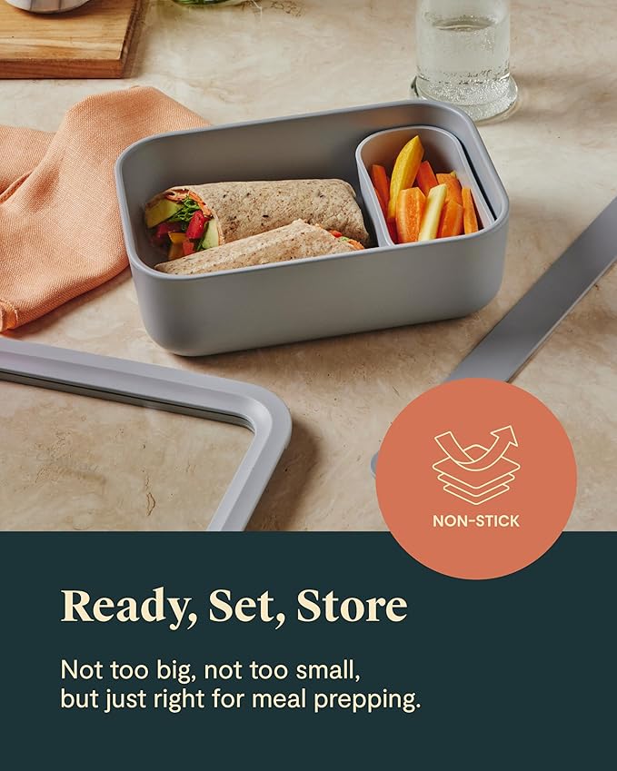 Caraway Glass Food Storage - 6.6 Cup Glass Container - Ceramic Coated Food Container - Non Toxic, Non Stick Lunch Box Container with Glass Lids - Dishwasher, Oven, & Microwave Safe - Sage