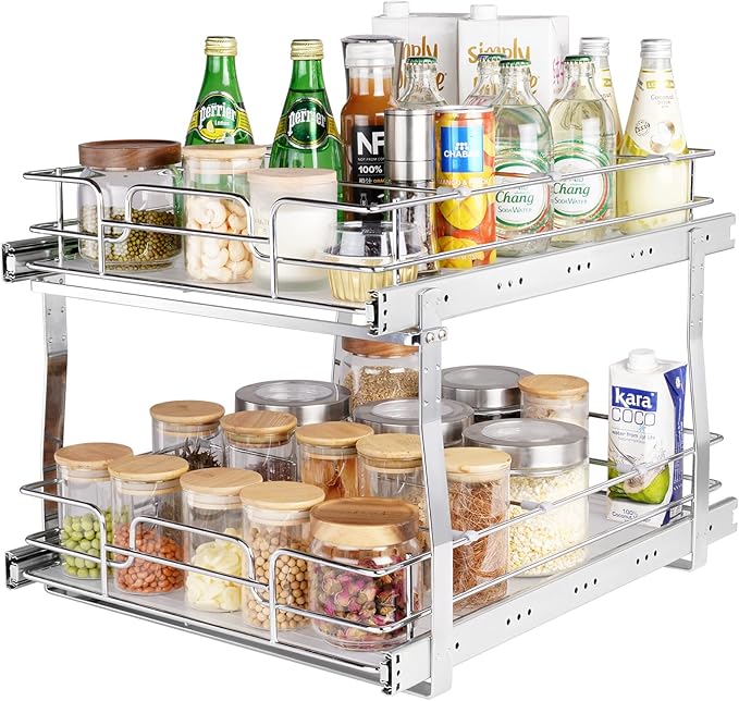 VEVOR Pull Out Cabinet Organizer, 17"Wx21"D 2 Tier Heavy Duty Slide Out Pantry Shelves, Chrome-Plated Steel Roll Out Drawers, Sliding Drawer Storage, 18.5"Wx22"D Install Size for Cabinet