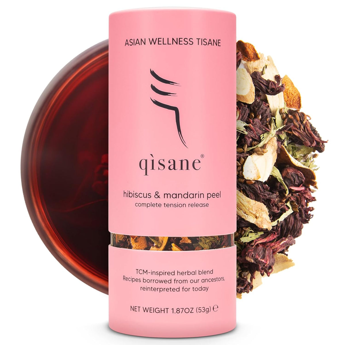 qìsane Organic Hibiscus Tea Bags with Mandarin Peel - Loose Leaf Hibiscus Tea, Organic Licorice Root, Cassia Seeds - Tangy Citrus Flavor to Help Support Strain and Tension - 10 sachets (~30 cups)