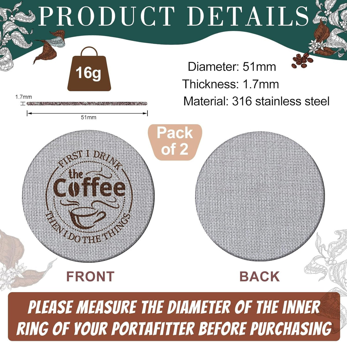 Yaomiao 2 Pieces 51mm Espresso Puck Screen, 1.7mm Thickness 150 Micrometre Reusable Barista Espresso Screen Stainless Steel Coffee Filter Mesh Plate for Bottomless Portafilter Filter Basket