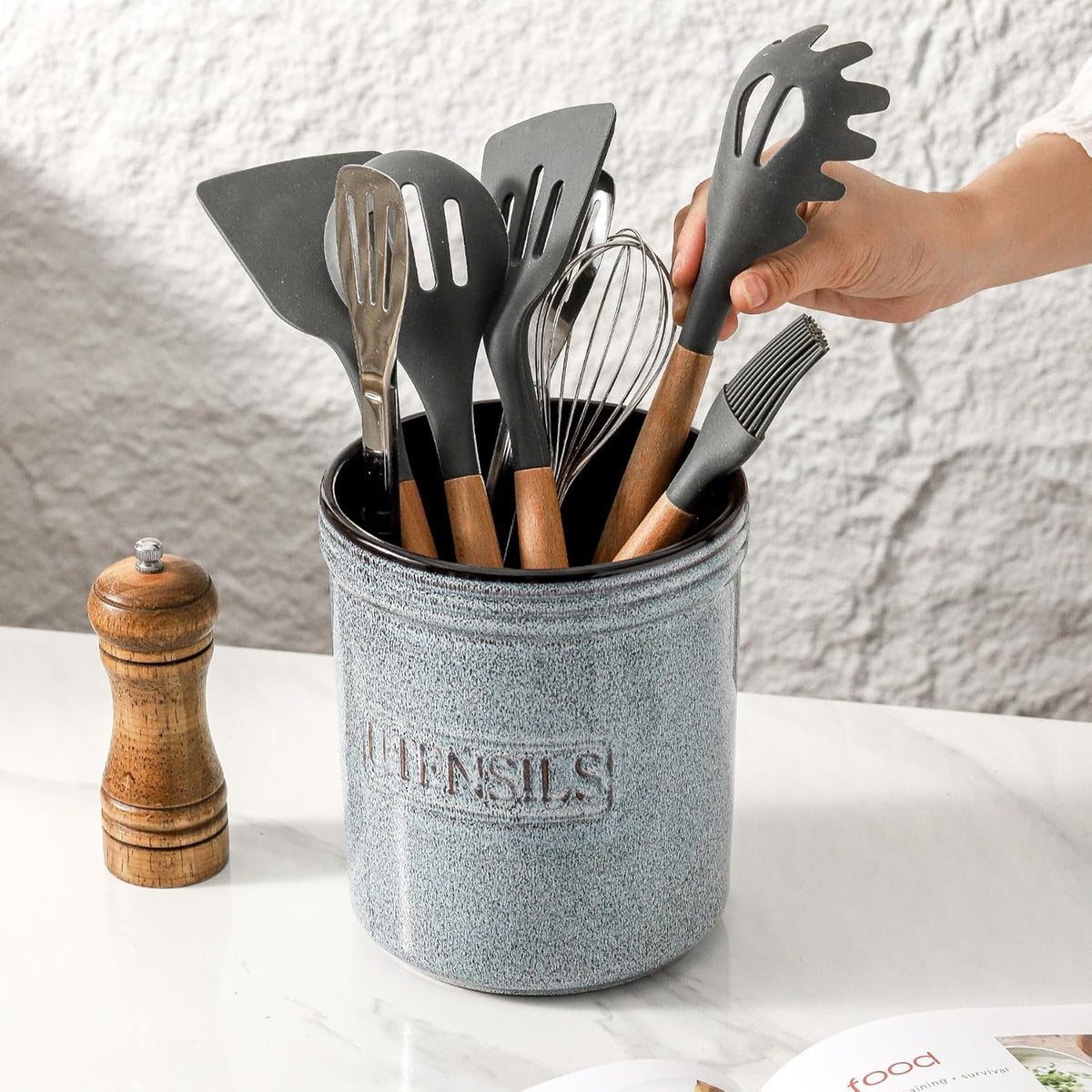HVH Kitchen Utensil Holder for Countertop, 6 x 7 inch Large Utensil Holder, Ceramic Utensil Crock, Farmhouse Kitchen Décor, Deep and Heavy (Wabi sabi)