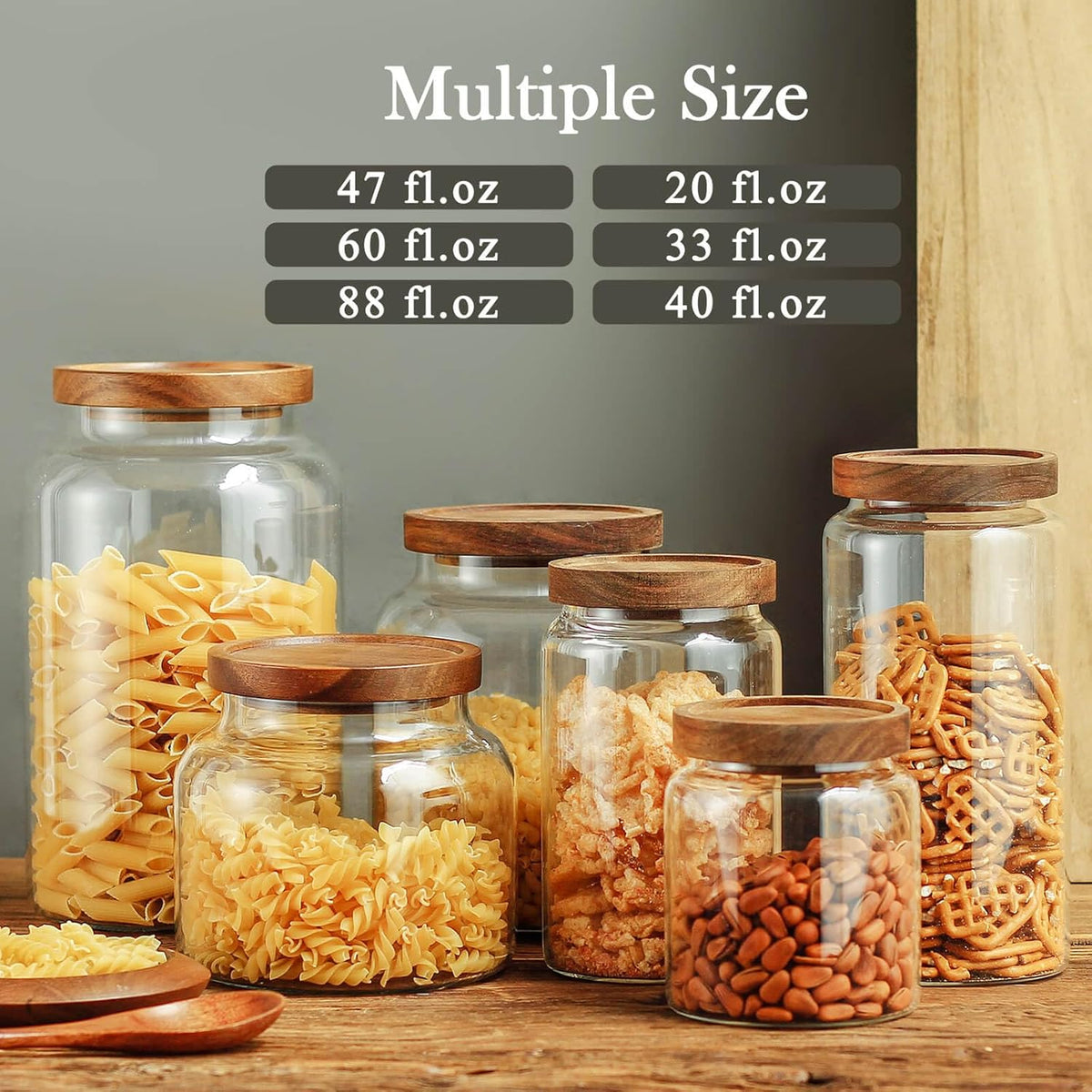 Labina Glass Storage Container Airtight Food Jars Kitchen Canister with Wood Lids, 60 Oz Wide Mouth Pantry Organization Glass Jar for Flour, Sugar, Cookie, Spagetti, Nuts and Candy (2 Pack)