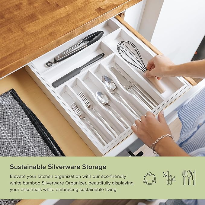 Premium Silverware, Flatware and Utensil Organizer for Kitchen Drawers, Food-Safe Contract Grade, Expandable from 16 to 28 In, White Bamboo