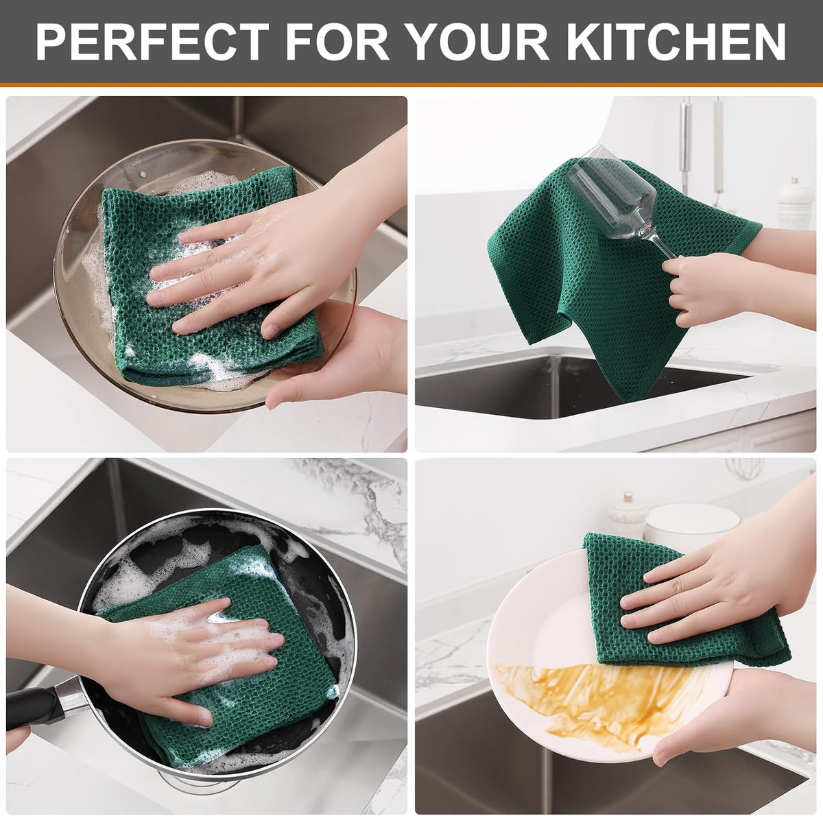 Kitinjoy 100% Cotton Kitchen Dish Cloths, 8 Pack Waffle Weave Ultra Soft Absorbent Dish Towels for Drying Dishes Quick Drying Kitchen Towels Dish Rags, 12 X 12 Inches, Dark Green