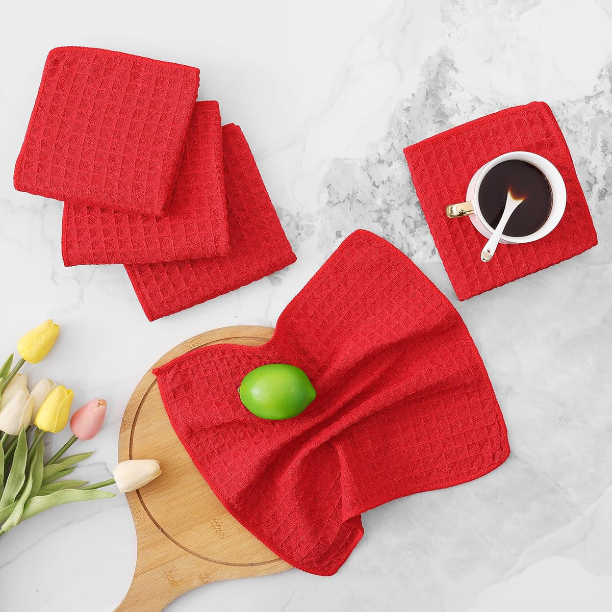 Homaxy Microfiber Waffle Weave Kitchen Dish Cloths, 12 x 12 Inch Ultra Absorbent and Solid Color Dish Towels for Kitchen Fast Drying Dishcloth for Washing Dishes, 6 Pack, Red