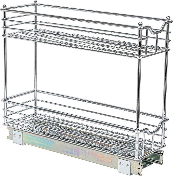 Household Essentials Narrow Sliding Cabinet Organizer, Two Tier Chrome Organizer, Chrome, Great for Slim Cabinets in Kitchen, Bathroom and More