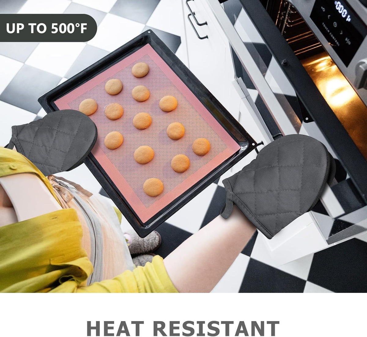1 Pair Short Oven Mitts - Silicone Kitchen Oven Gloves High Heat Resistant 500℉, Mini Oven Mits with Non-Slip Grip Surfaces and Hanging Loop for BBQ, Baking, Cooking and Grilling (Solid Gray)