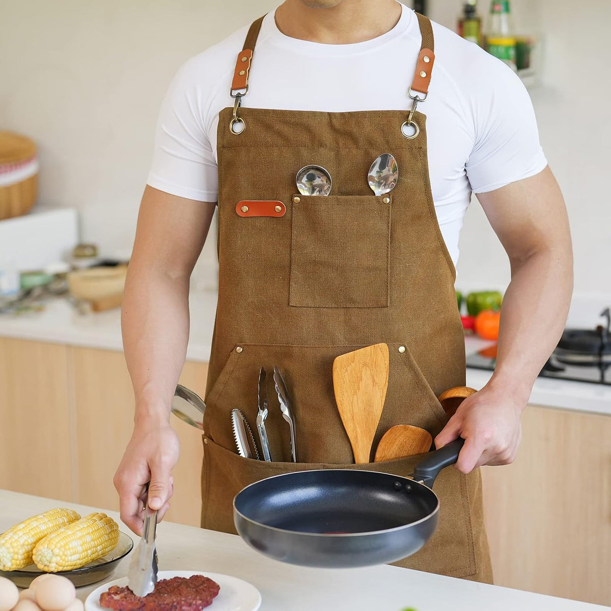 Canvas Aprons for Men Chef Apron, Work Apron with Large Pockets - 16oz Heavy Duty Cross Back, BBQ, Cooking